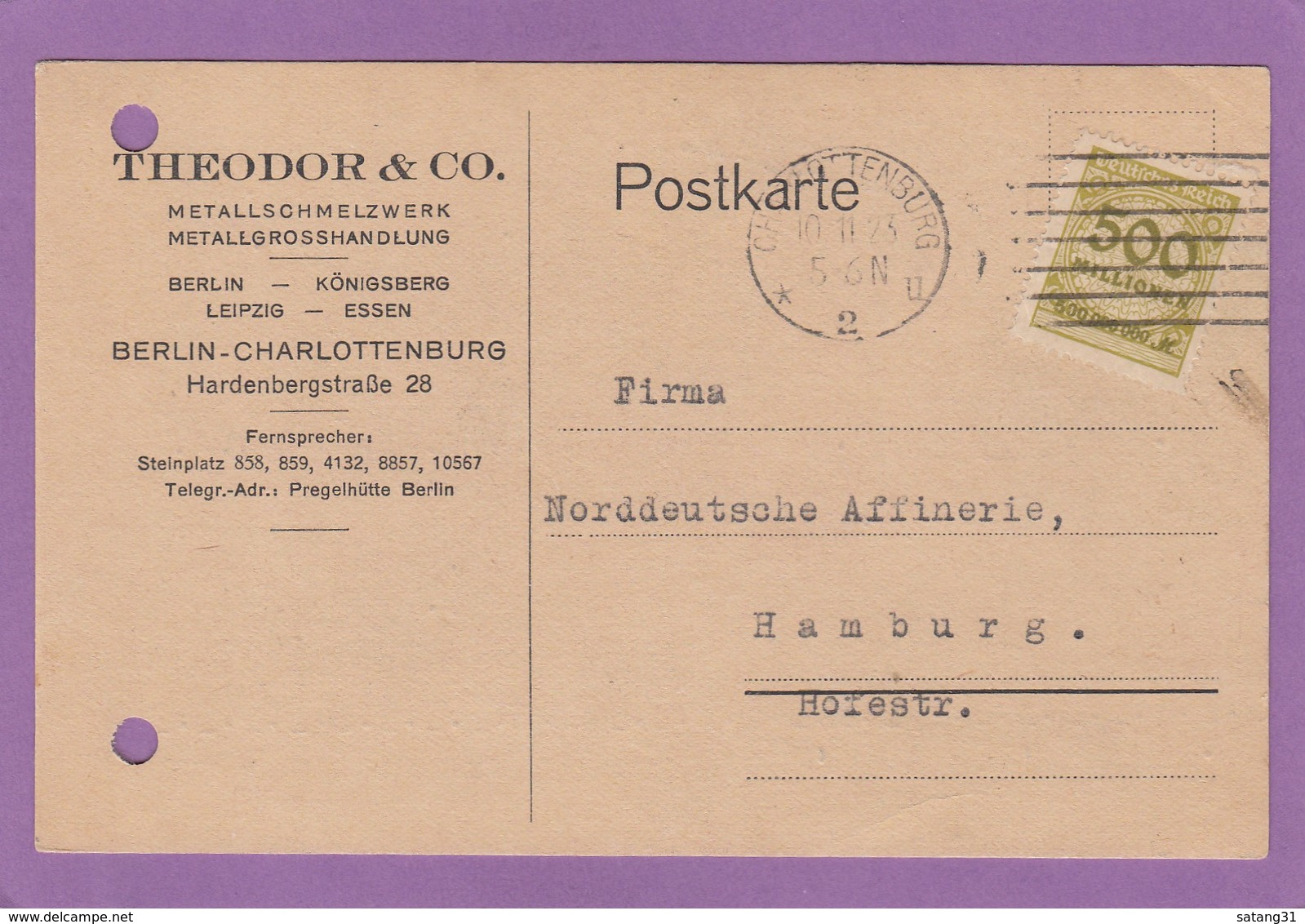 METALLSCHMELZWERK,METALLGROSSHANDLUNG,BERLIN.POSTKARTE MIT 500 MILLION FRANKATUR. - Sonstige & Ohne Zuordnung