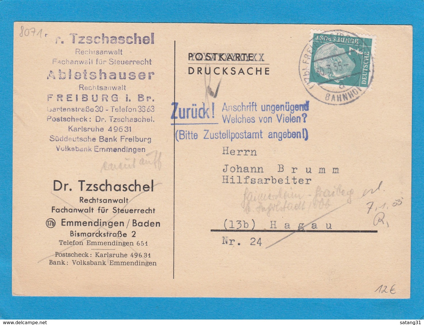 POSTKARTE MIT STPL. "ZURÜCK,ANSCHRIFT UNGENÜGEND,WELCHES VON VIELEN?". - Briefe U. Dokumente