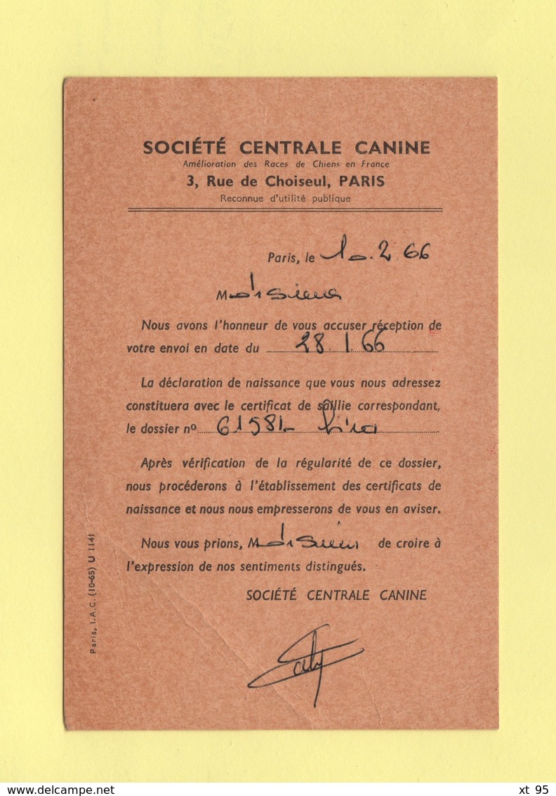 EMA - Machine MG - Societe Centrale Canine - Declaration De Naissance - 1966 - Theme Chien - Freistempel