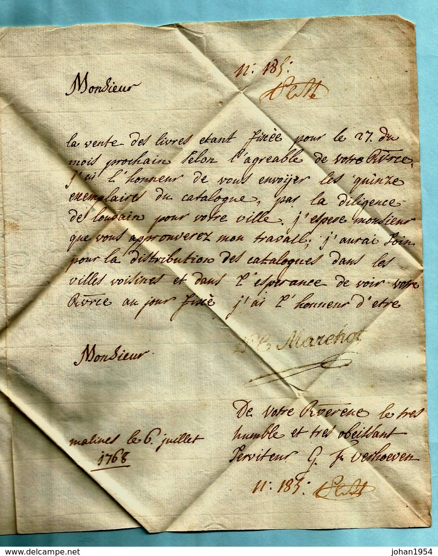 Brief Met Inhoud 06/07/1768, Griffe MALINES (26x4 Mm - Herlant 11) - 1714-1794 (Paises Bajos Austriacos)