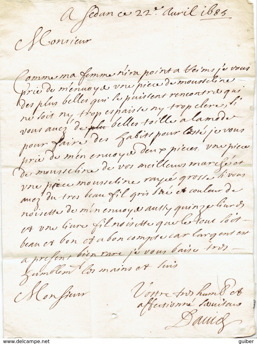 LAC Datée Du 22 Avril 1685 De Sedan D7 Vers Reims Port 2 Cachet De Fermeture Cire Noire - ....-1700: Précurseurs