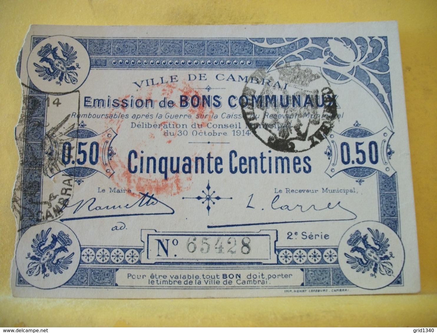 A 2213 - RARE 59 VILLE DE CAMBRAI CINQUANTE CENTIMES 30 OCT.1914. 2° S. N°65428 - Bons & Nécessité