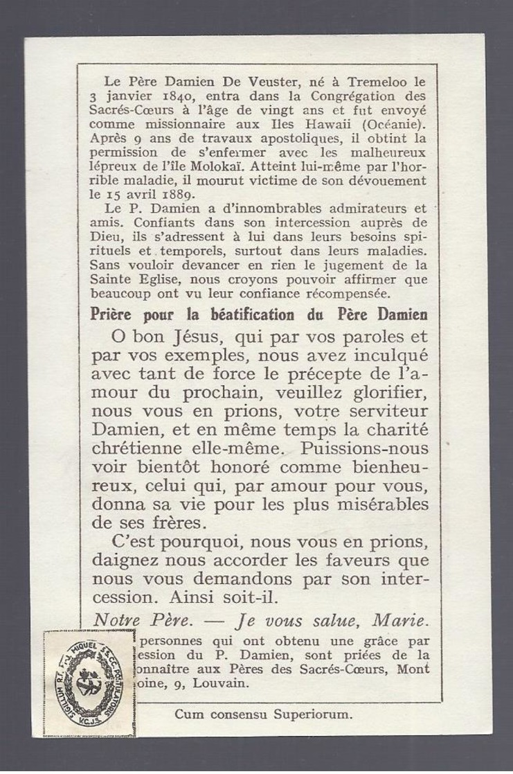 RELIQUIA RELIC RELIQUARY RELIKWIE LE PERE DAMIEN DE VEUSTER APÔTRE DES LEPREUX - Religion & Esotérisme