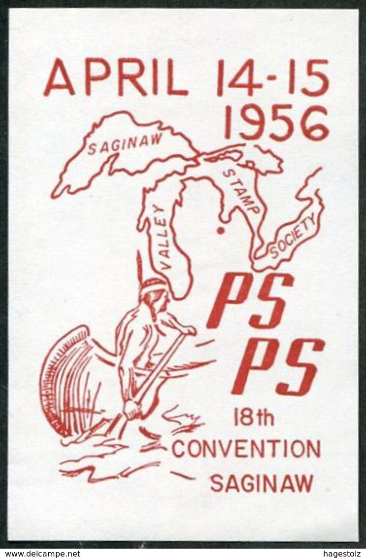 USA 1956 Saginaw Convention Philatelic Exhibition AMERICAN RED INDIAN Canoe Lakes Map Vignette Poster Stamp Cinderella - American Indians