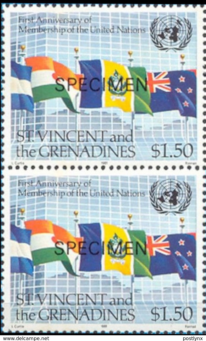 ST.VINCENT 1981 UNITED NATIONS UNO Flags $1.50 SPECIMEN PAIR - Francobolli