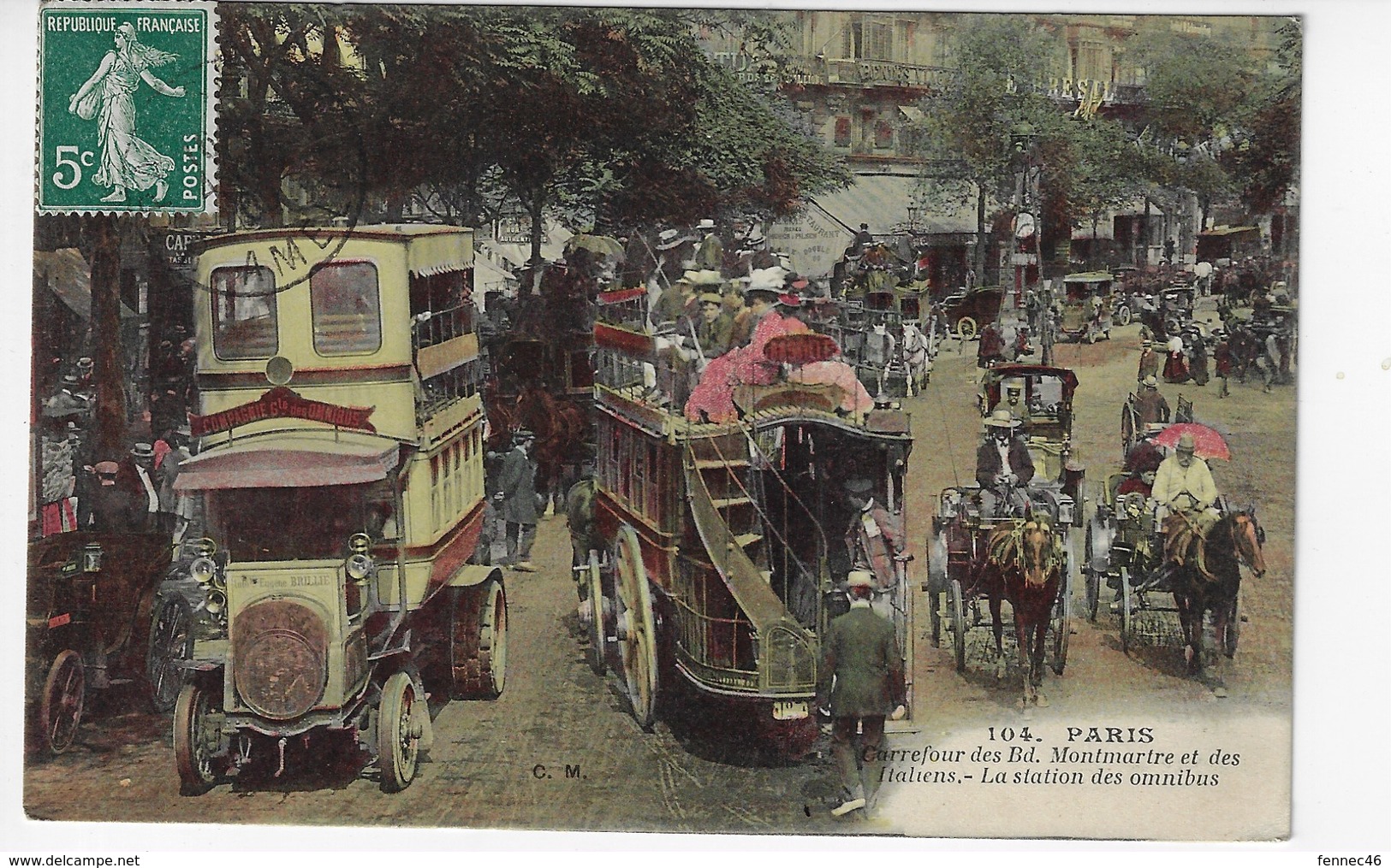 75 - PARIS - Carrefour Des Bd. Montmartre Et Des Italiens - La Station Des Omnibus - Très Animée - 1909 (G157) - Transport Urbain En Surface