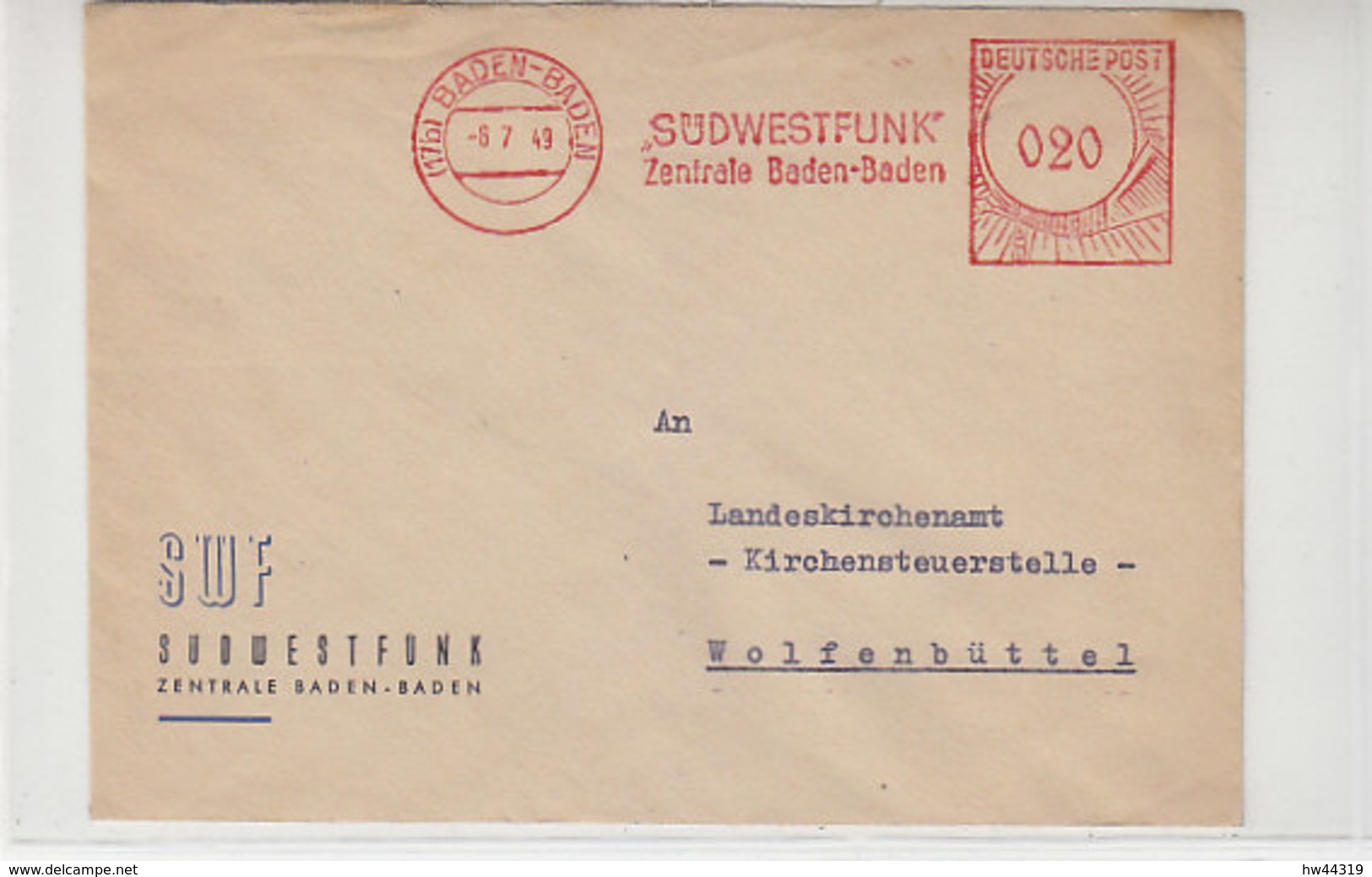 Freistempel Des SÜDWESTFUNK Aus (17b) BADEN-BADEN 6.7.49 Nach Wolfenbüttel / Schöner Beleg - Altri & Non Classificati