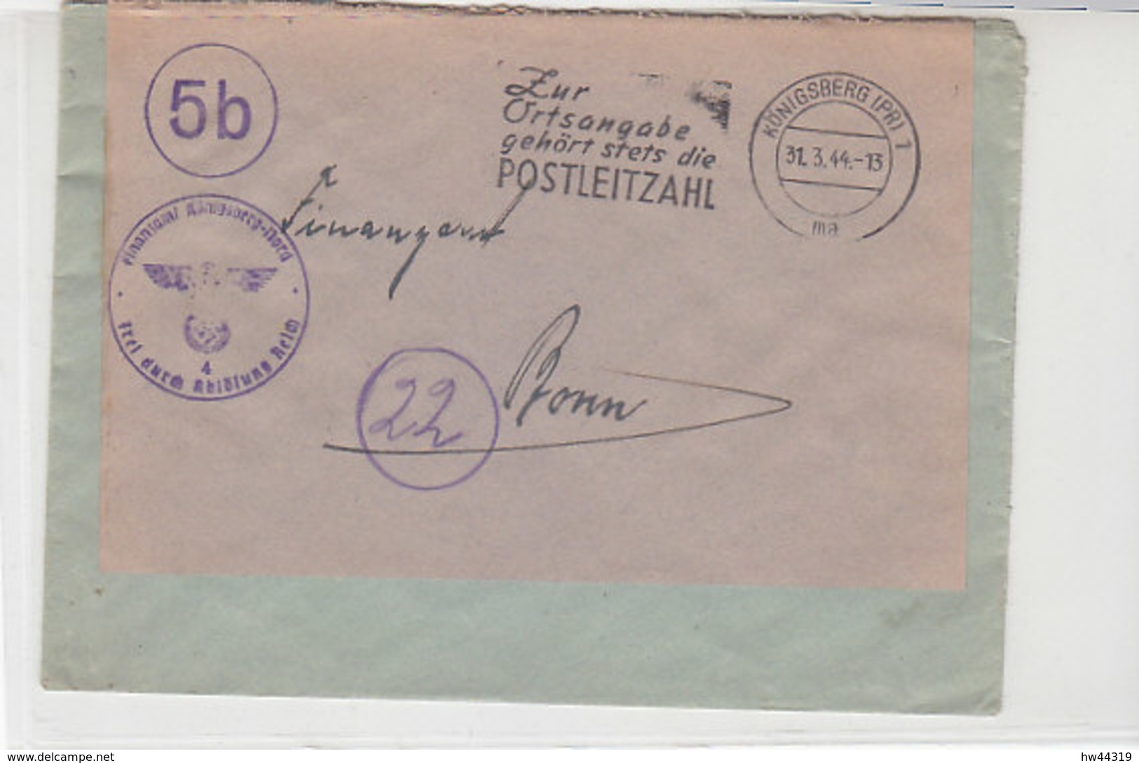 Dienstbrief Des Finanzamt Königsberg-Nord Aus KÖNIGSBERG (PR)31.3.44 Nach Bonn/Stempel: Zur Ortsangabe Gehört .. - Lettres & Documents