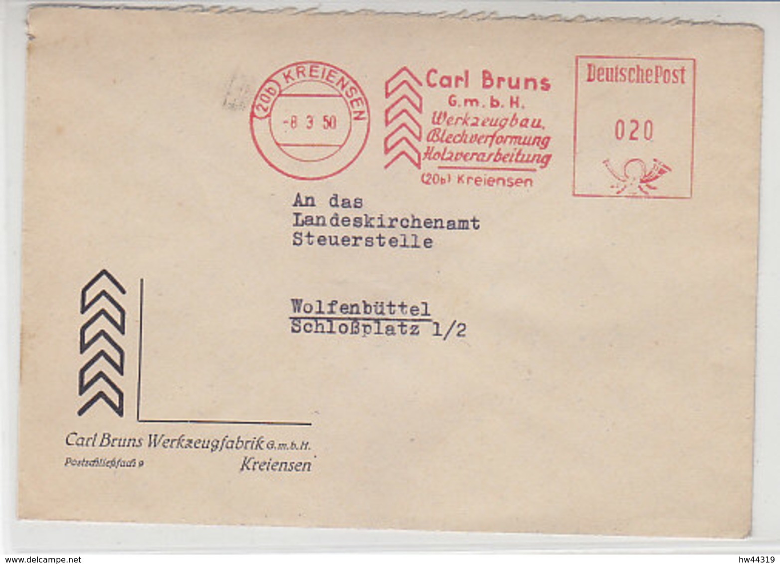 Freistempel Der Carl Bruns G.m.b.H. Aus (20b) KREIENSEN 8.3.50 Nach Wolfenbüttel - Lettres & Documents