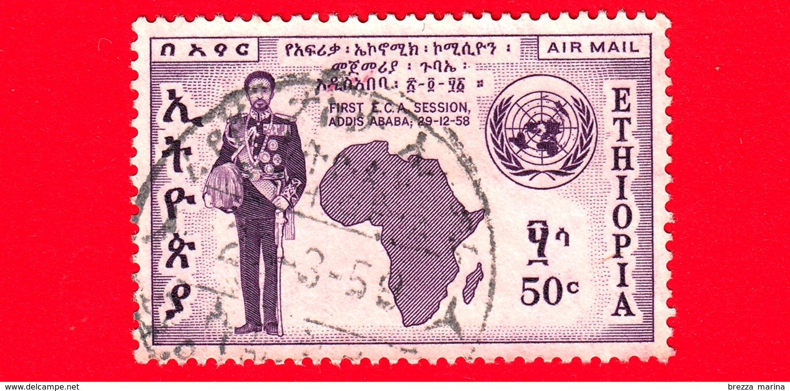 ETIOPIA - Usato - 1958 - Imperatore Haile Selassie - Mappa Dell'Africa E  Emblema Dell'ONU - Conferenza Economica  - 50 - Etiopia