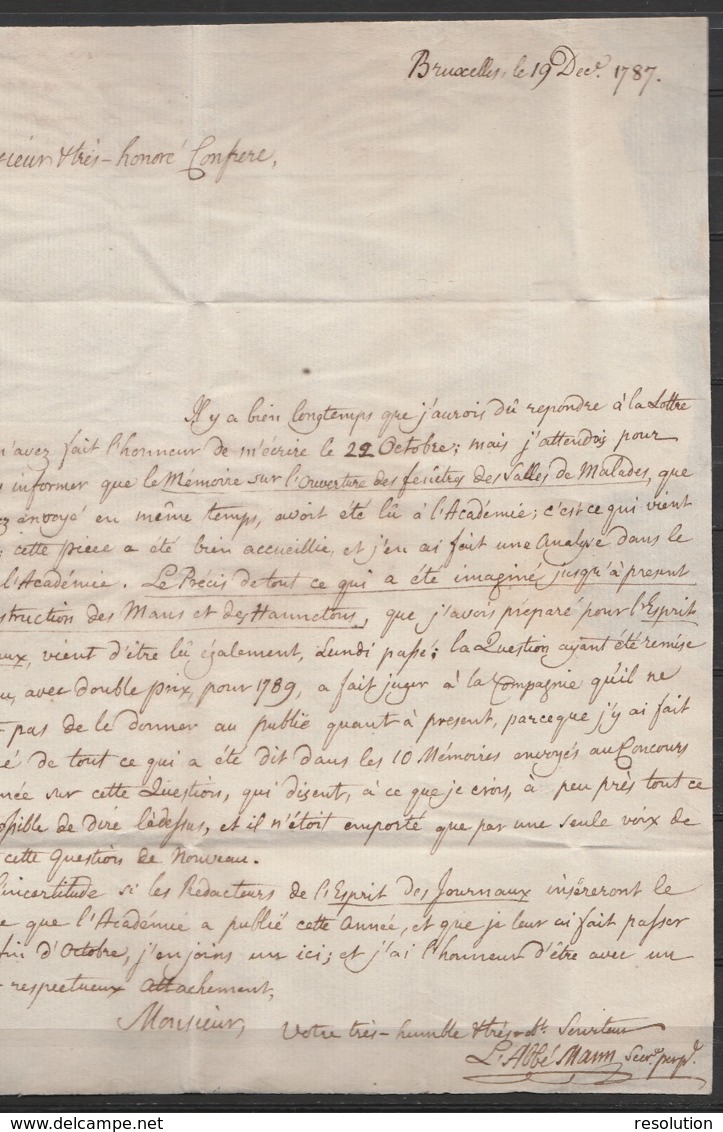 L. Datée 19 Décembre 1787 D'un Médecin De BRUXELLES Pour Confrère à VERVIERS - Griffe "BRUSSEL" Port "5" - Voir Texte - 1714-1794 (Austrian Netherlands)