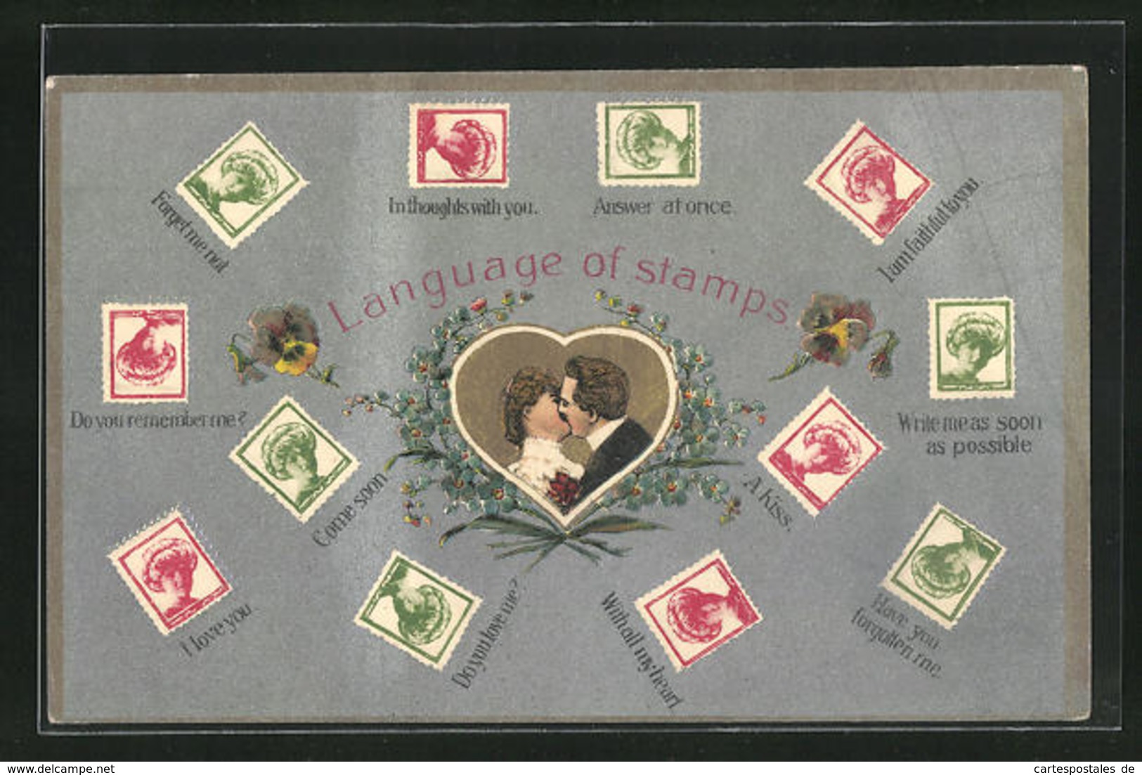 Präge-AK The Language Of Stramps, Briefmarkensprache, Kuss - Briefmarken (Abbildungen)