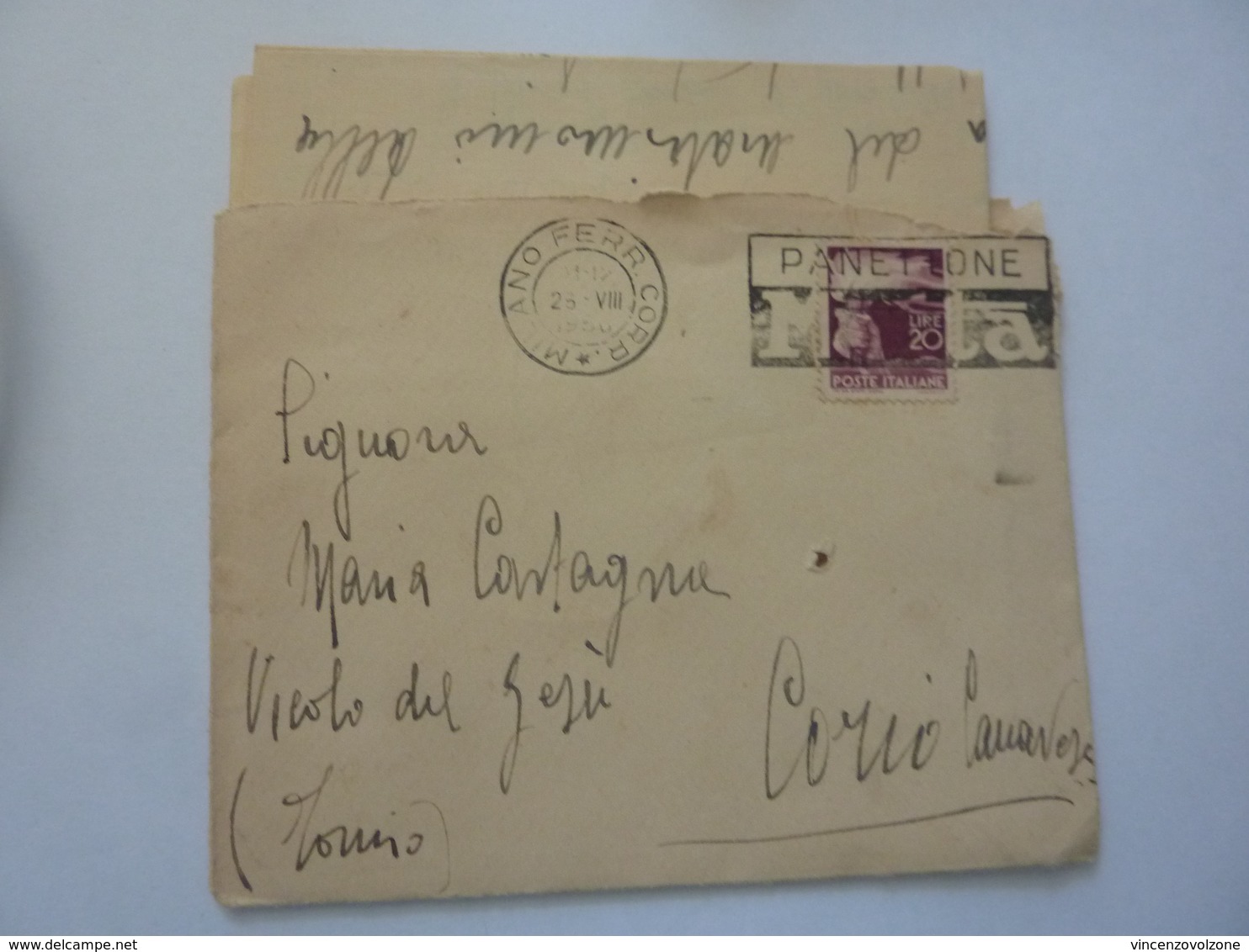 Busta Viaggiata Da Milano Per Corio Canavese ( TO ) Con Lettera Manoscritta 1950 ANNULLO PANETTONE MOTTA - 1946-60: Storia Postale