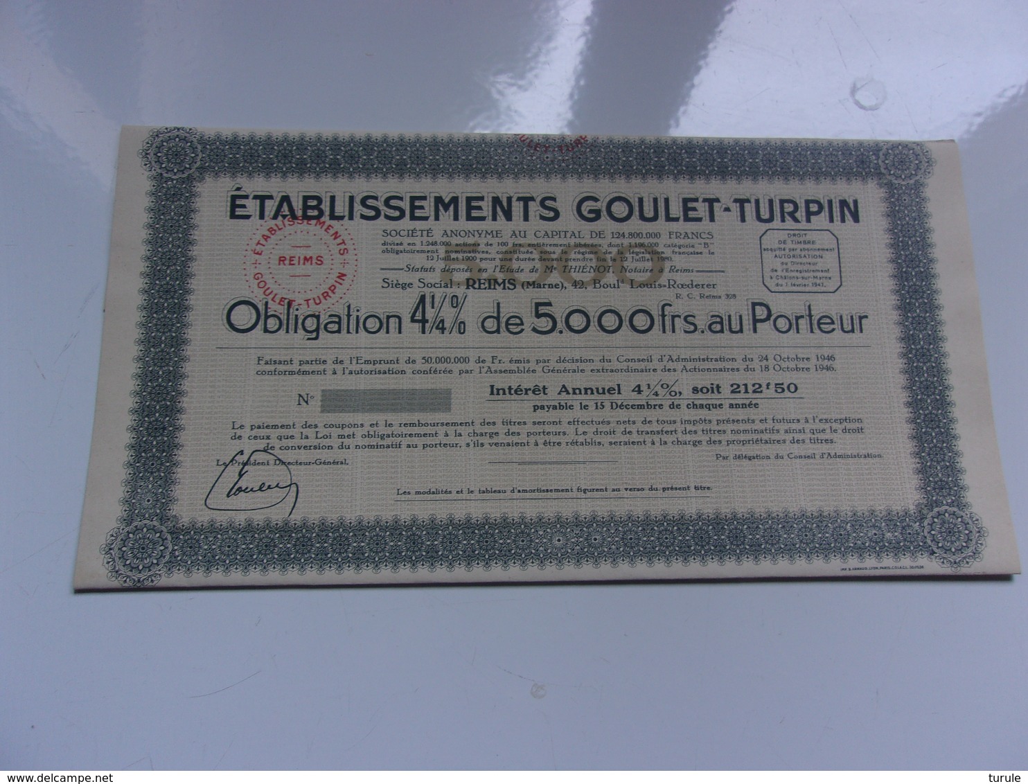 GOULET TURPIN (obligation 4 1/4% De 5000 Francs 1947) Reims,marne - Altri & Non Classificati