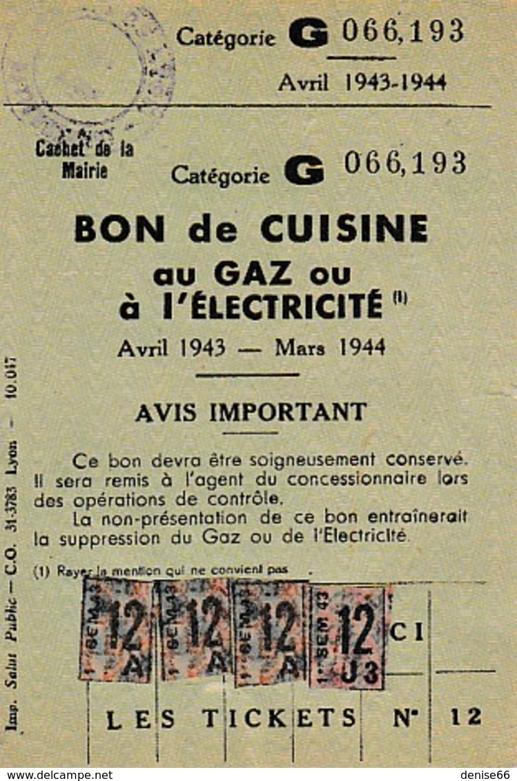 1943/44 RESTRICTIONS - LYON - BON De CUISINE Au GAZ Ou à ELECTRICITÉ - Catégorie G - Documents Historiques