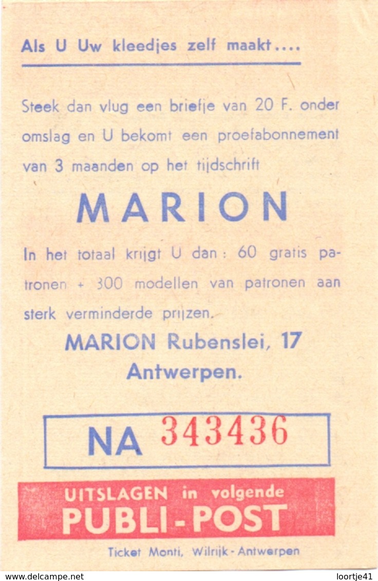 Biljet Loterij - Billet Loterie - Pub Reclame - Publi Post - Kledij Marion Antwerpen - Billets De Loterie
