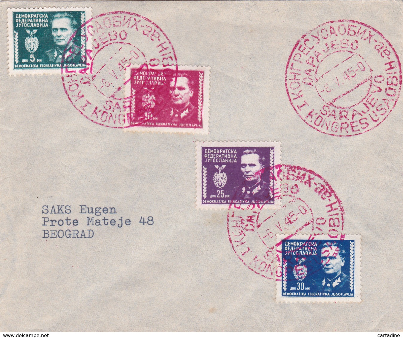 Lettre Yougoslavie - Timbres N° 411 - 414 - 416 Et 417 -  Année 1945 - Lettres & Documents