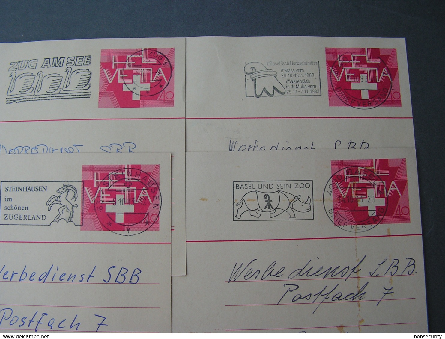 CH 4 Alte Karten  , Schöne Stempel Ca. 1980 Z.B. Zug Am See ,Basel Nashorn ,Steinhausen - Ganzsachen