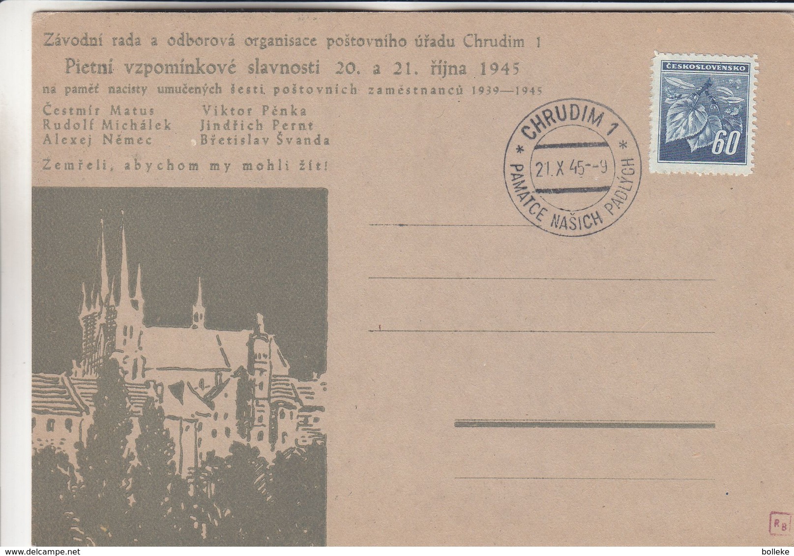 Tchècoslovaquie - Carte Postale Illustrée De 1945 - Oblit Chrudim - - Lettres & Documents