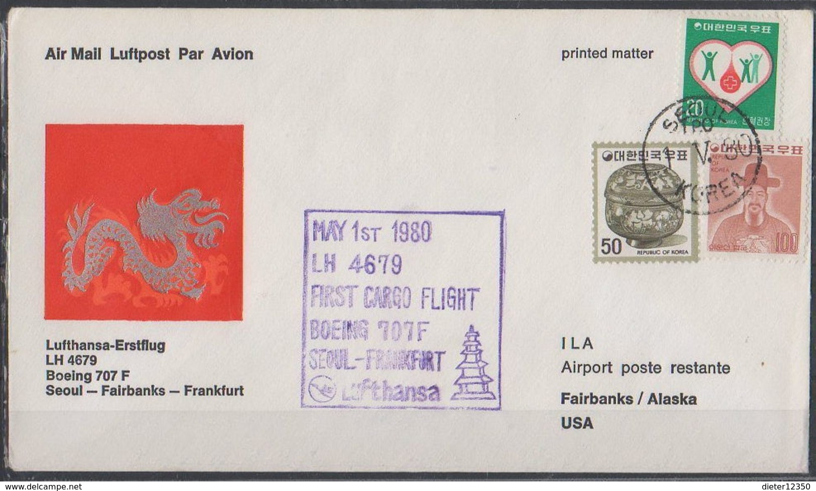 Luftpost Echt Gelaufen     Lufthansa Erstflug  Seoul - Fairbanks      1980 - Other & Unclassified