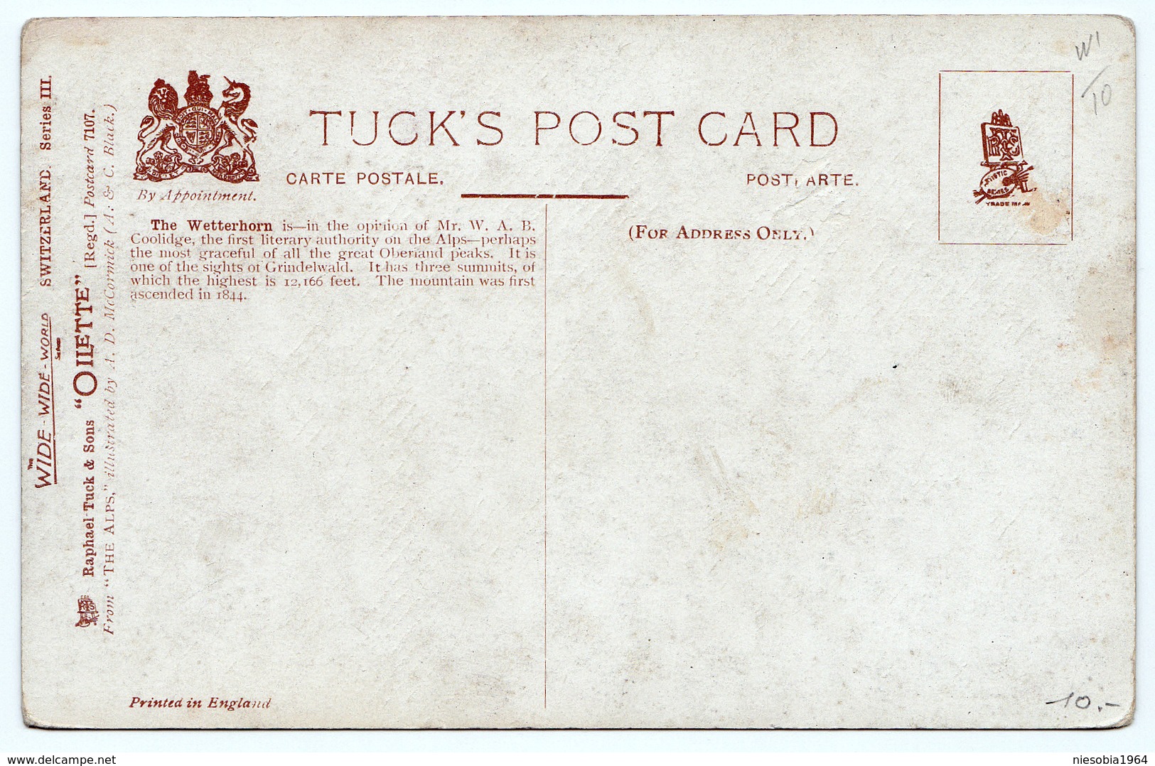 Wetterhorn Switzerland - Vintage Retro unused TUCK'S POST CARD, TUCK'S Postkarte Printed in England without circulation