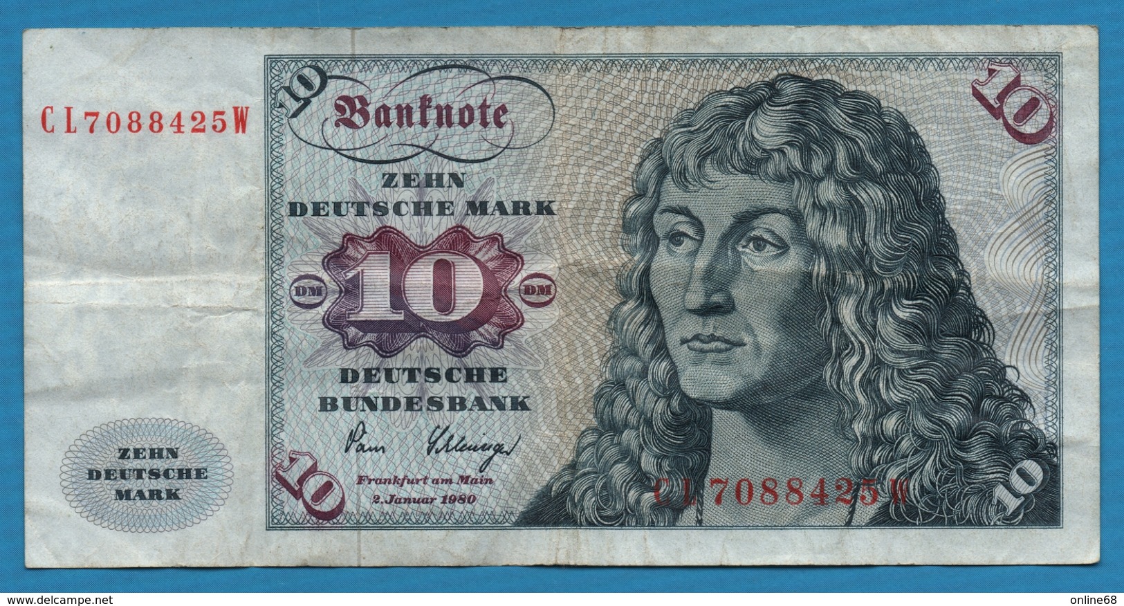 DEUTSCHLAND 	 10 Deutsche Mark 	 02.01.1980 Serie # CL7088425W  P# 31d - 10 Deutsche Mark