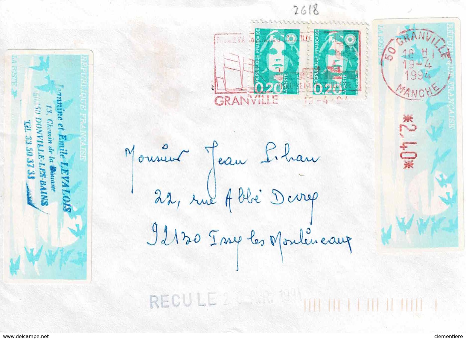 TP N ° 2618 En 2 Ex Et Bande Machine De 2,40 Fr  Sur Enveloppe De Granville - 1961-....