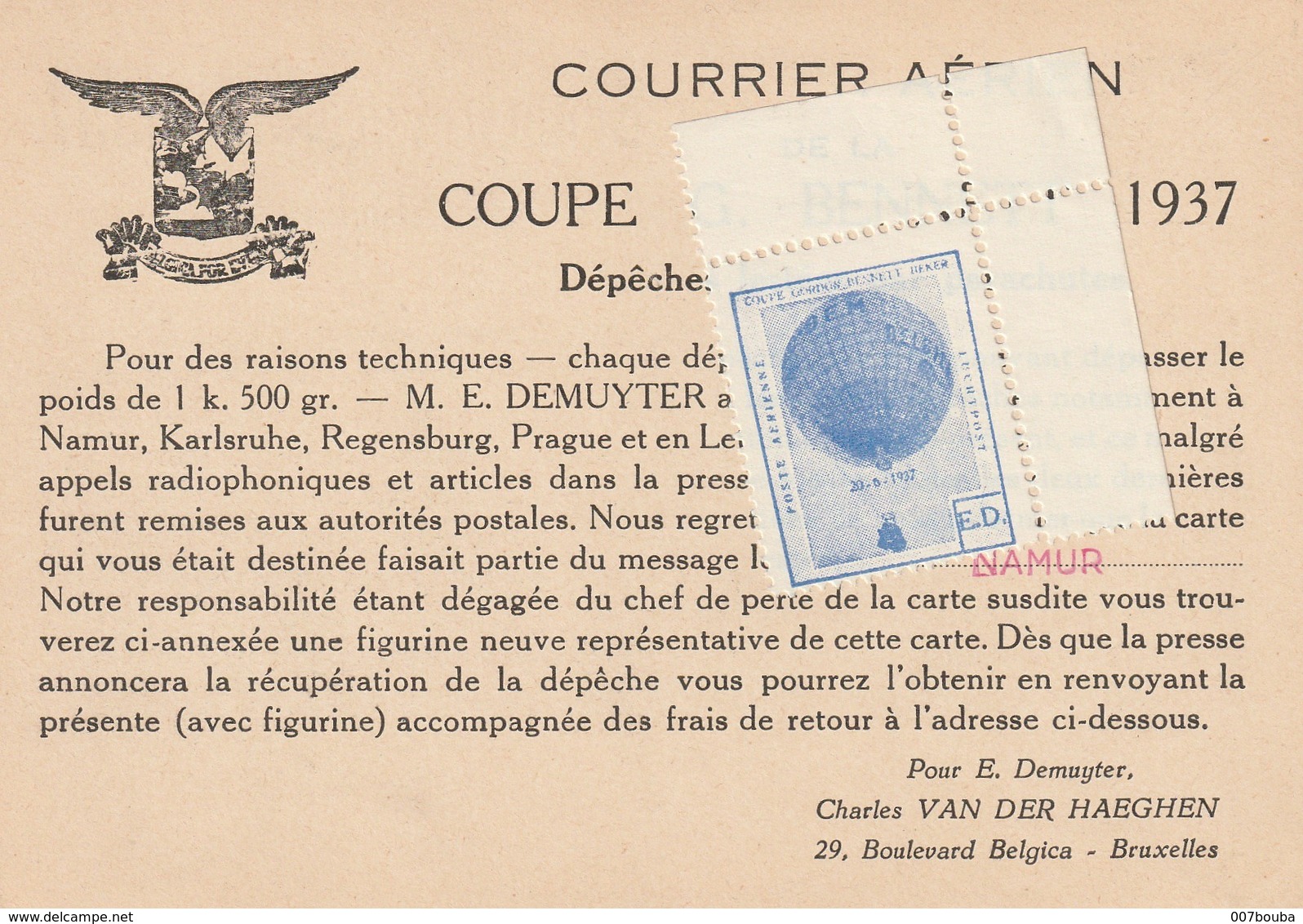 Coupe Gordon Bennett - Courrier Lesté Par Ballon à NAMUR (en Rouge) Avec Vignette 20.3.37 - Autres & Non Classés