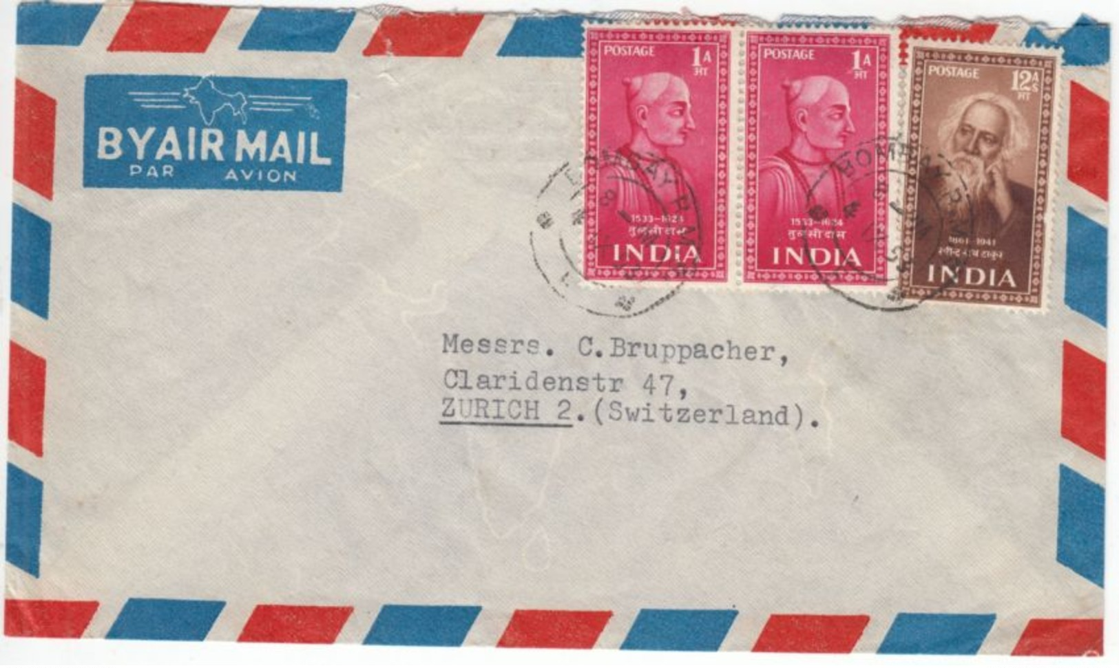 Indien - 12 A. Tagore Nobelpreisträger U.a. Luftpostbrief Bombay Zürich 1953 - Ohne Zuordnung