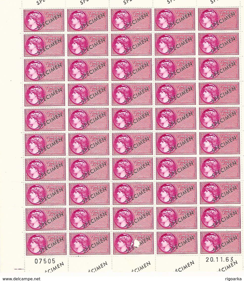 1963.- TIMBRE FISCAL. ROUGE. SANS VALEUR FACIALE. FEUILLE ENTIERE 50 TIMBRES NH SURCHARGE "SPECIMEN". RARE - Autres & Non Classés