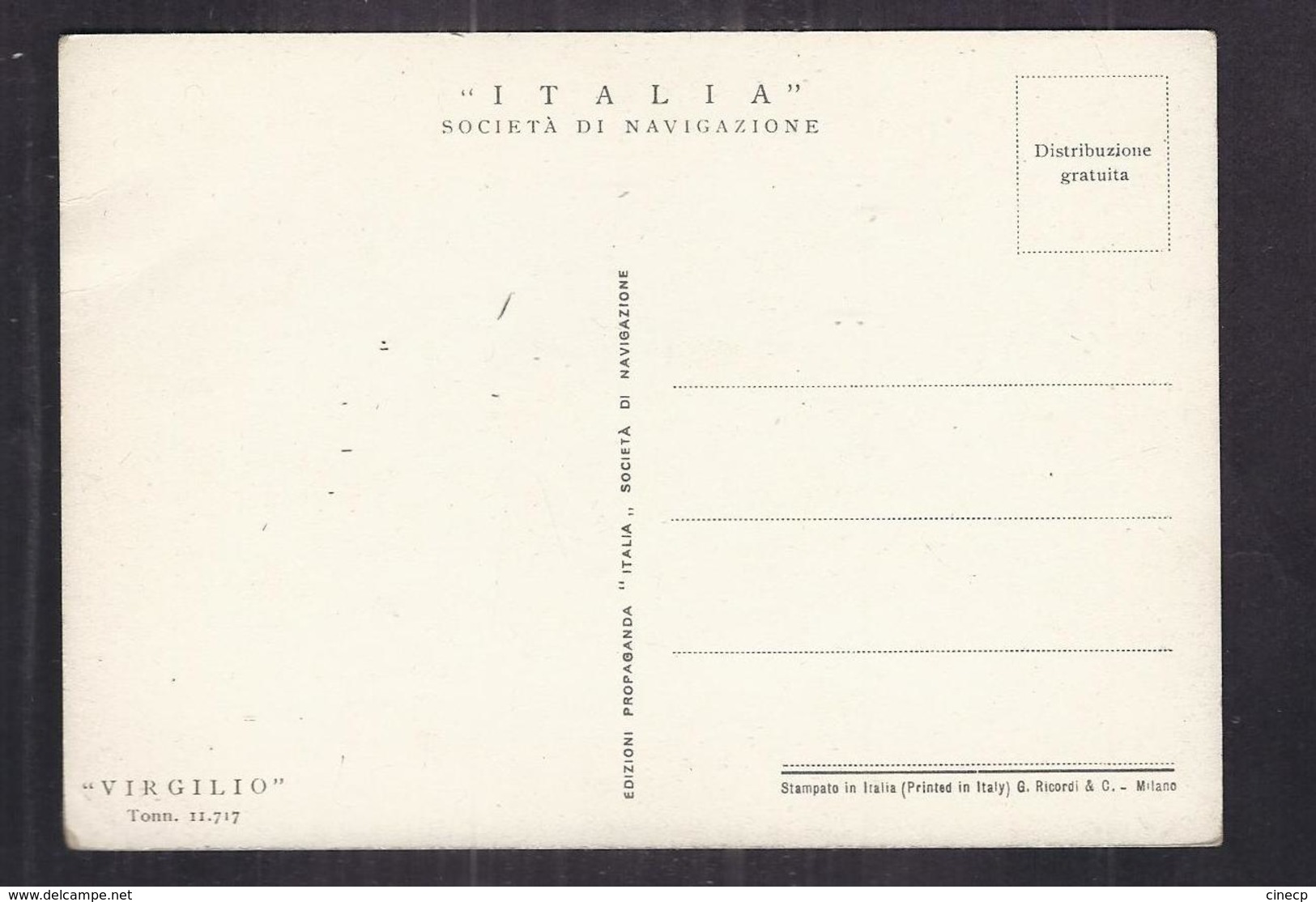 CPSM BÂTEAU - PAQUEBOT - " VIRGILIO " - TB  PLAN DESSIN ILLUSTRATION NAVIRE - " ITALIA " Societa Di Navigazione - Paquebote