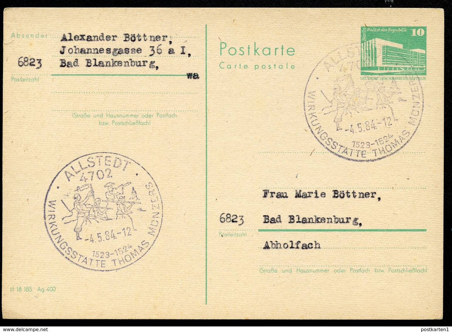 BAUERNKRIEG THOMAS MÜNTZER 1525 Allstedt 1978 Auf  DDR  Postkarte P 79 - Altri & Non Classificati