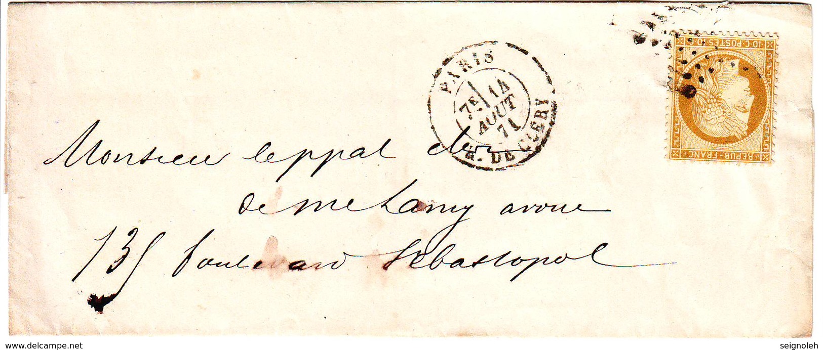 10 C Siege N° 36 Obl Paris 14 Aout 1871 Sur Lettre Locale TTB Cote 200 Euro - 1849-1876: Période Classique