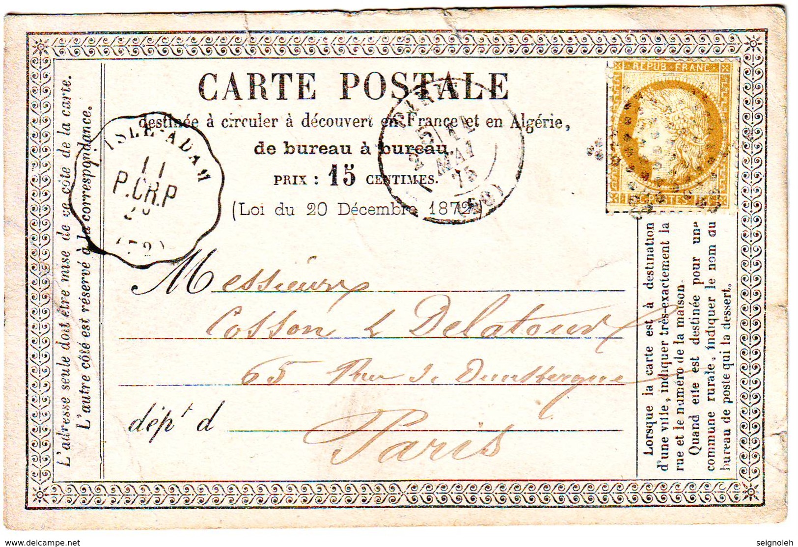 Convoyeur Station L' ISLE ADAM Seine Et Oise Sur Carte Precurseur 1875 Pour Paris , N° 55 Obl Etoile - 1849-1876: Période Classique