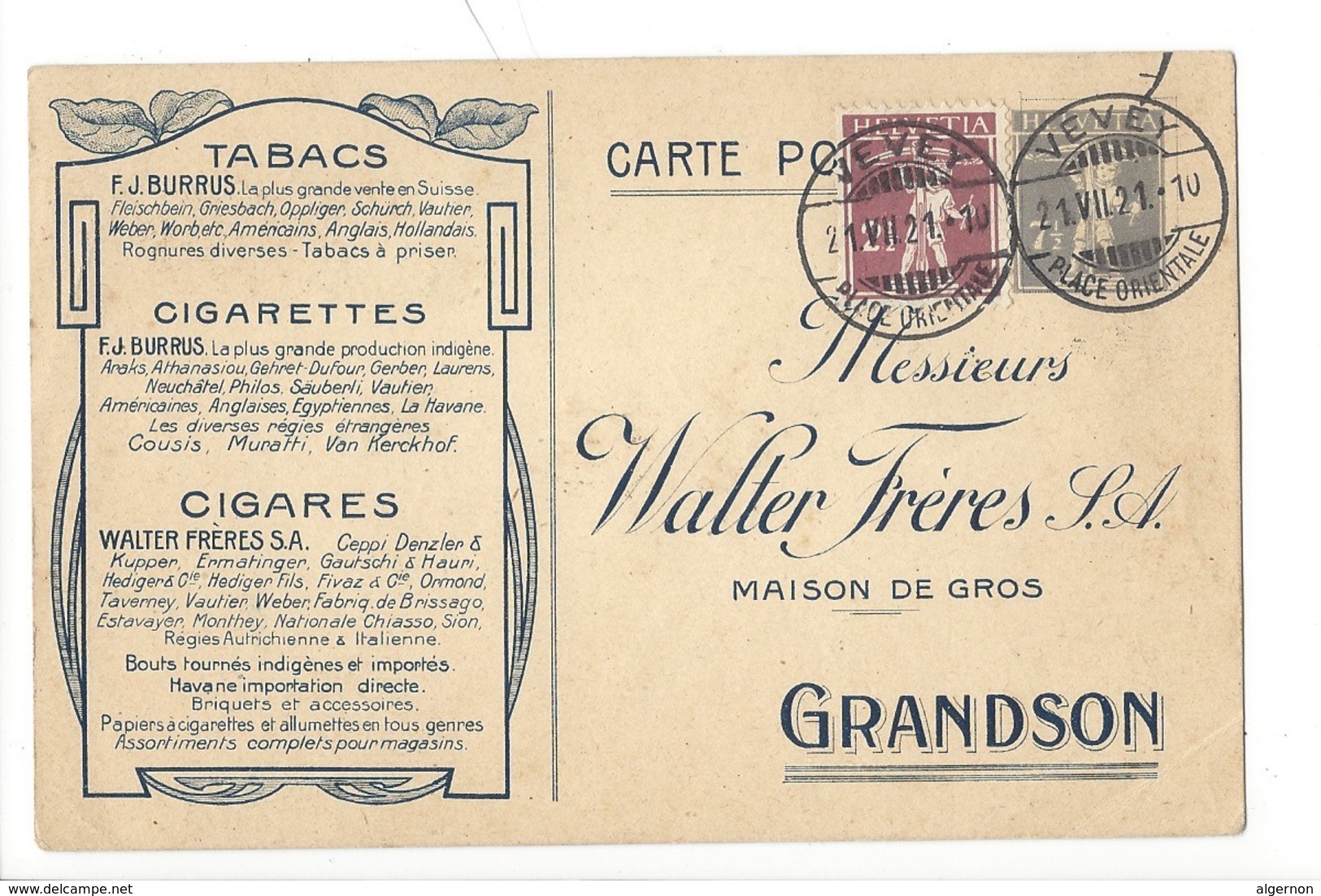22074 - Grandson Walter Frères Tabacs Cigarettes Cigares  Vevey 1921 - Grandson