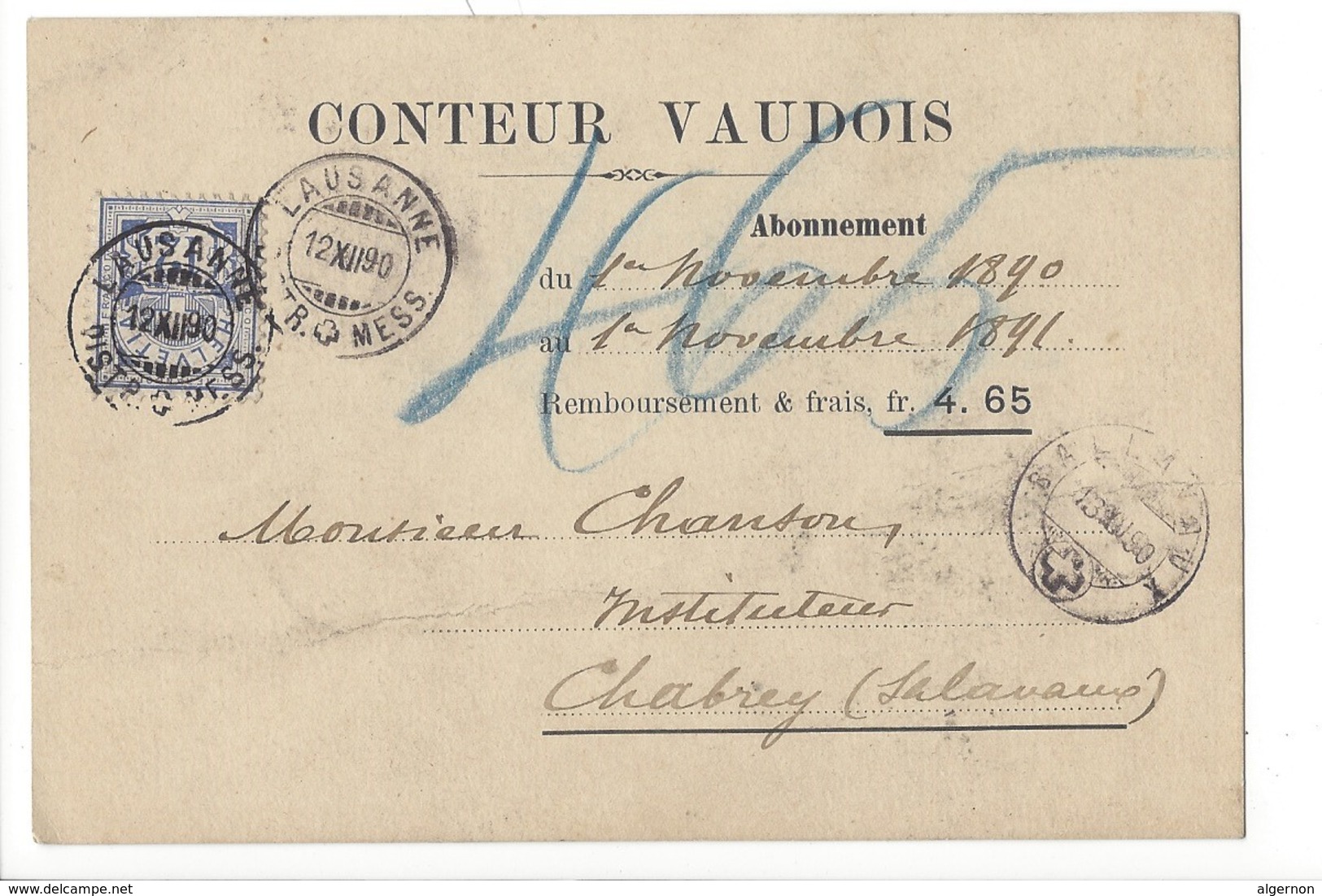 22076 - Lausanne Conteur Vaudois Pour Chabrey 1890 - Lausanne