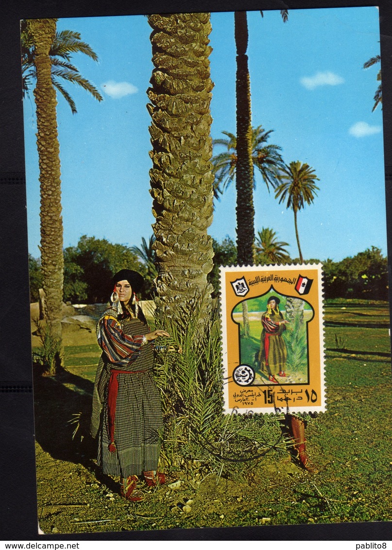 LIBYA LIBIA REPUBLIC GADDAFI ISSUE GHEDDAFI LAR 1975 FOLKLORE LIBYAN COSTUMES WOMAN FOLCLORE MAXIMUM MAXI 15d CARD - Libia