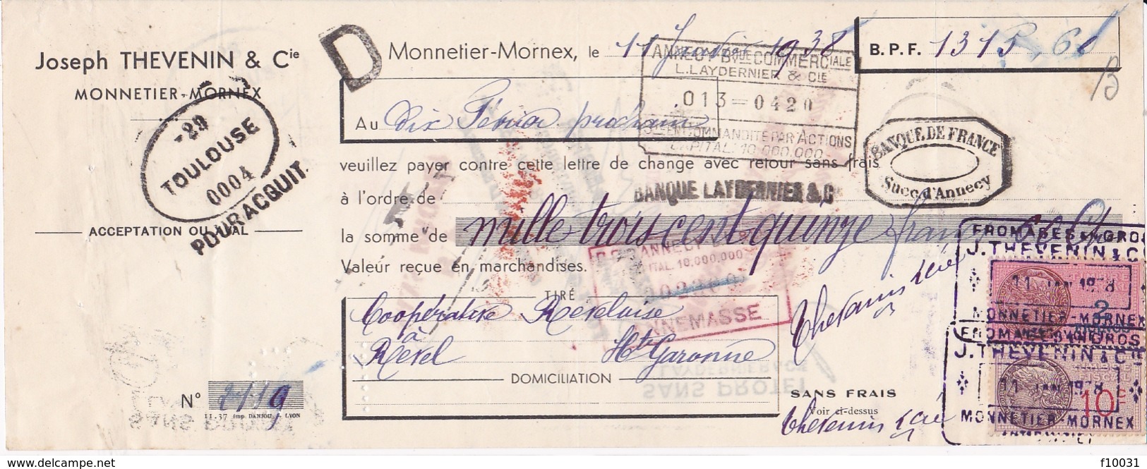 Lettre De Change Joseph THEVENIN Monnetier - Mornex 1938 - Lettres De Change