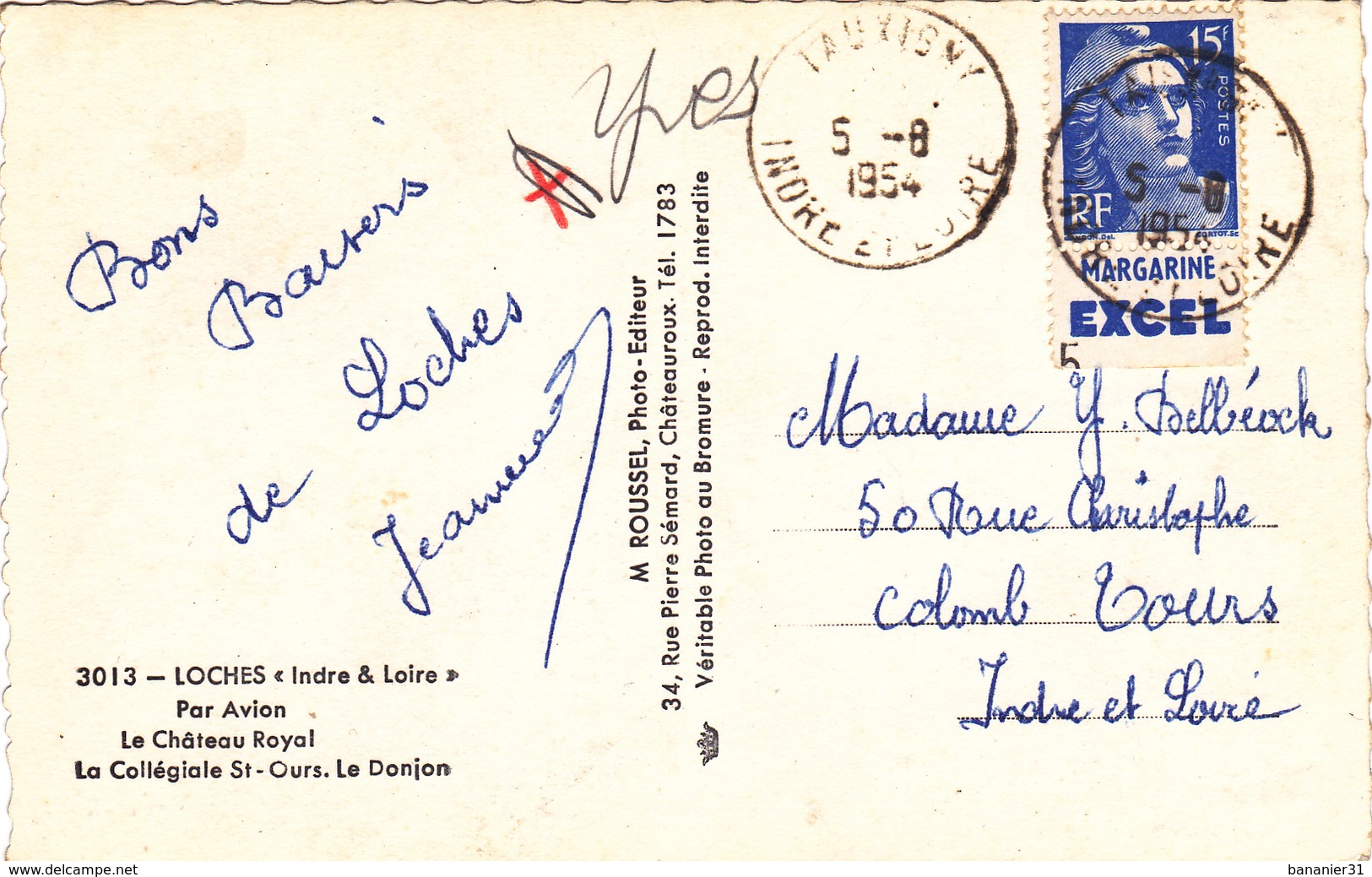 TIMBRE 15 FRANCS BLEU Marianne De GANDON Avec PUB Margarine Excel En 1954 Sur Carte Postale Loches Cachet Tauxigny (37) - Altri & Non Classificati
