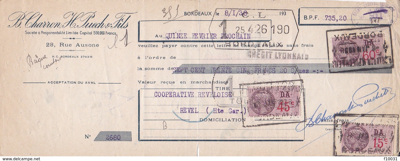 Lettre De Change Charron Puech & Fils Bordeaux 1938 - Bills Of Exchange