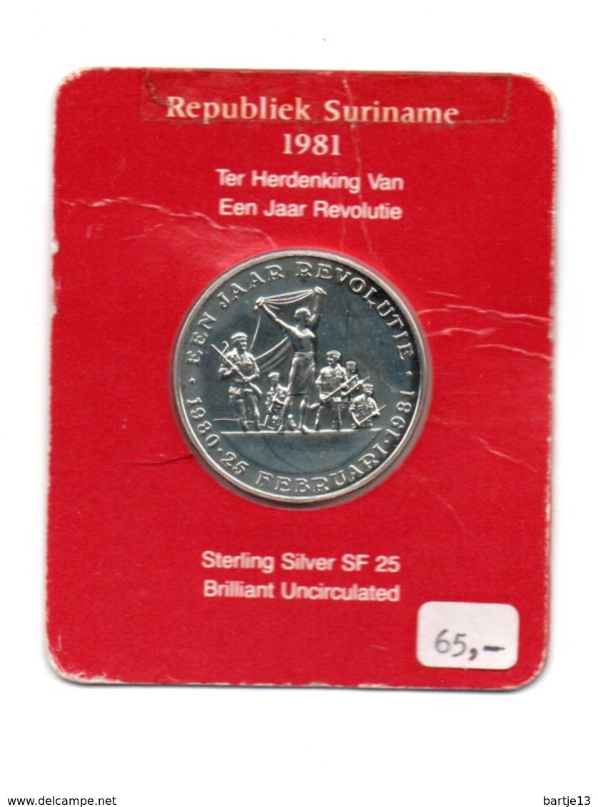 SURINAME REPUBLIEK 25 GULDEN 1981 ZILVER BRILLIANT UNC. 1 JAAR REVOLUTIE - Surinam 1975 - ...