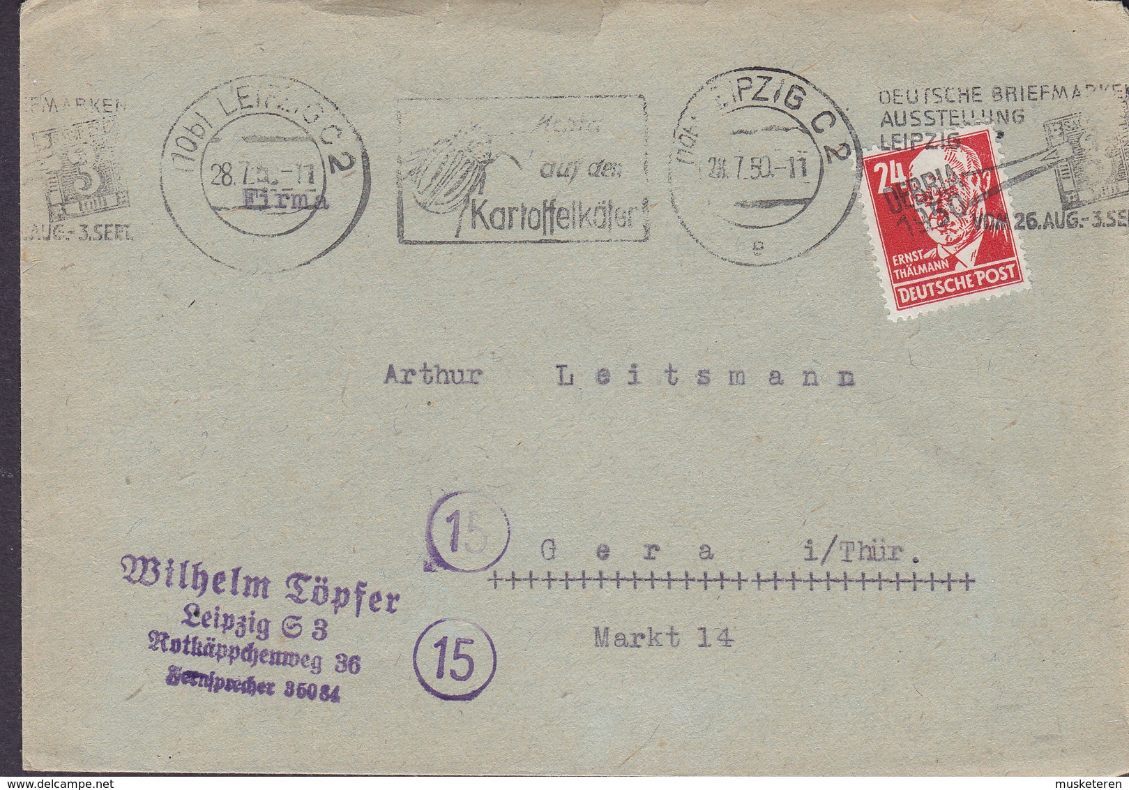 Soviet Zone Slogan Flamme 'Kartoffelkäfer & DEBRIA' LEIPZIG 1950 Cover Brief GERA Thüringen 24 Pf. Ernst Thälmann - Autres & Non Classés