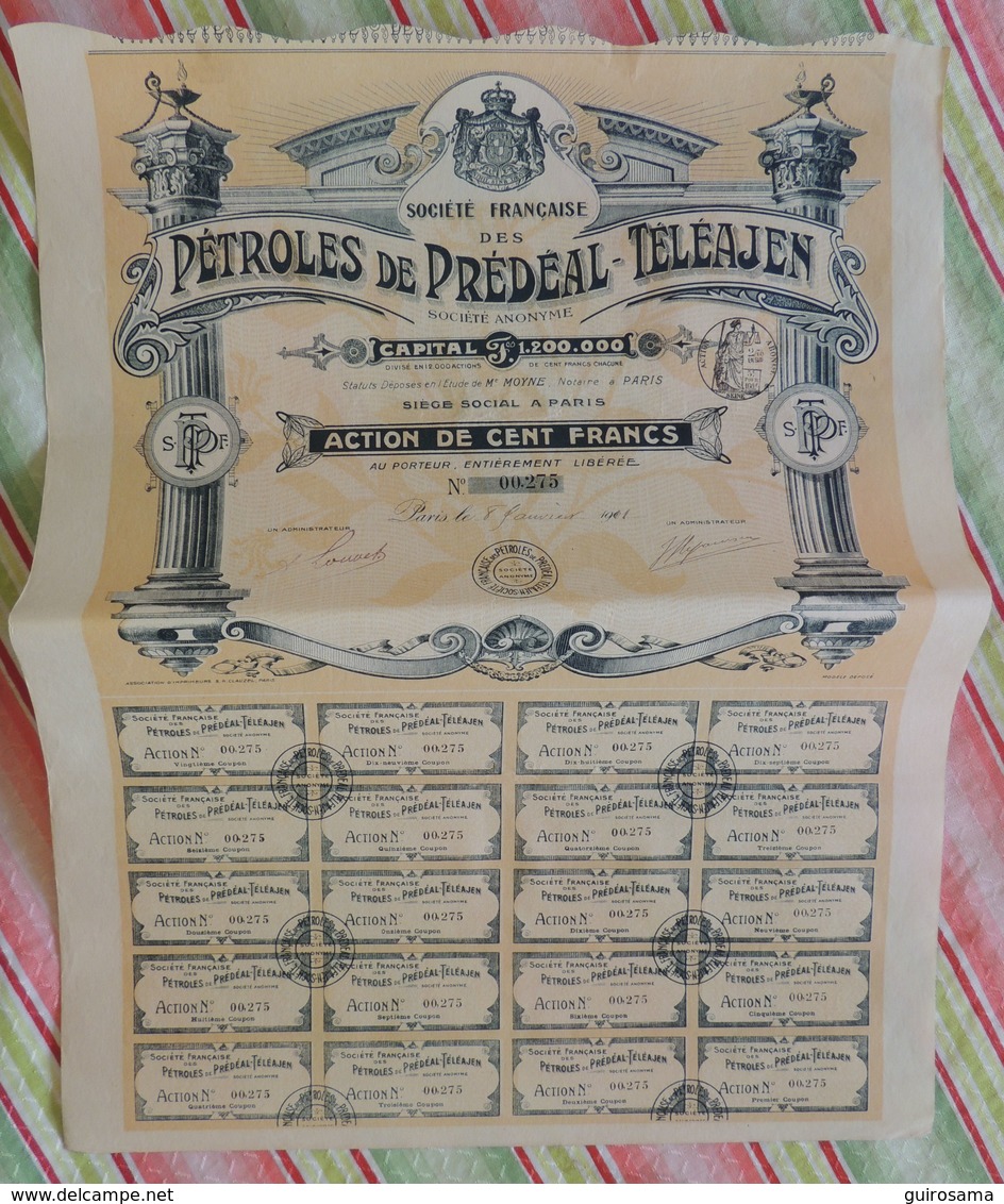 Société Française Des Pétroles De Prédéal-Téléajen (Roumanie) - Action De 100 Francs 1911 (275) - Aardolie