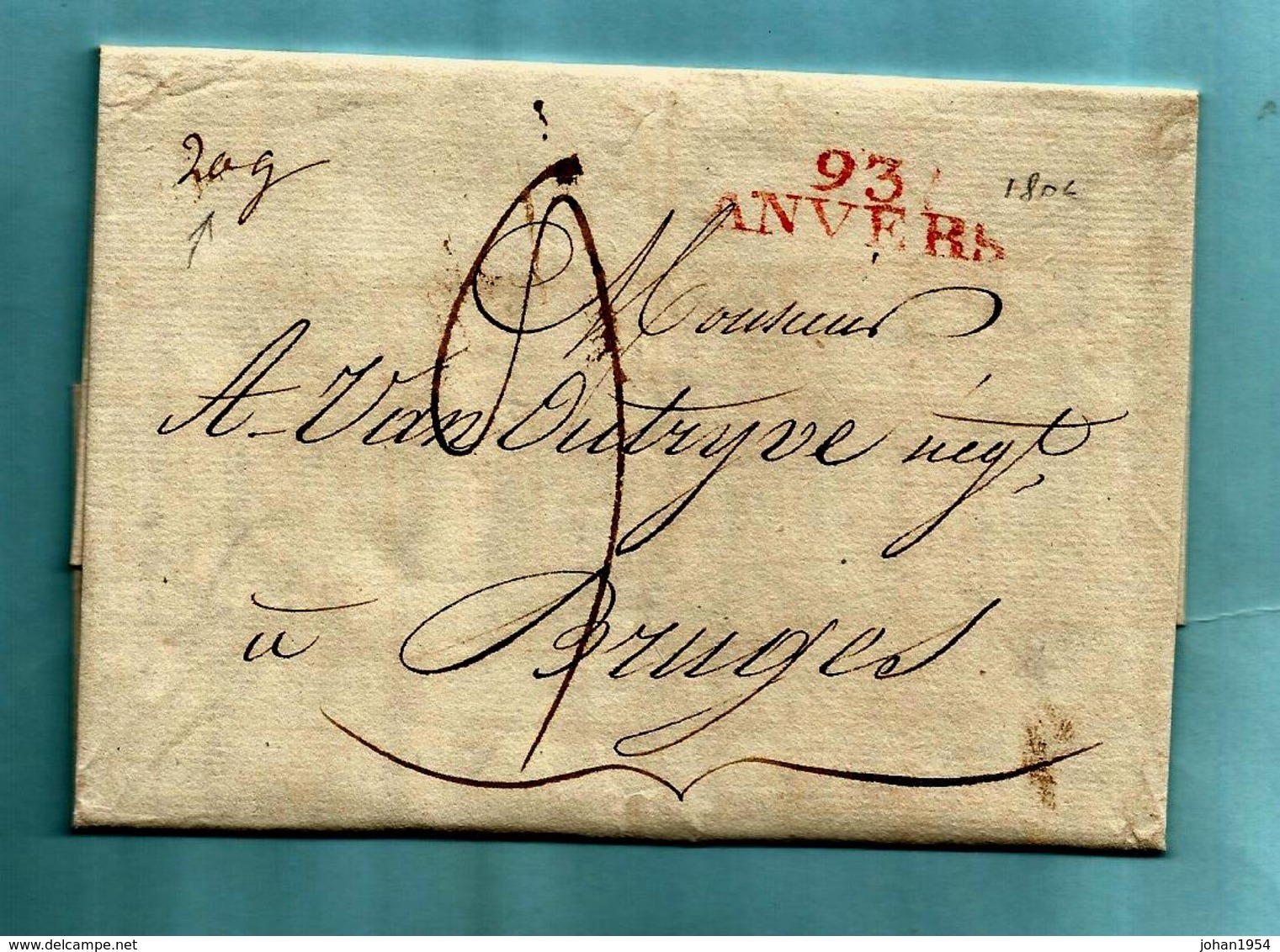 Brief Met Inhoud 22/01/1805, Griffe 93 / ANVERS (33x9,5 Mm - Herlant 21) - Gewicht : "20" Gram - Port : 9 - 1794-1814 (Französische Besatzung)