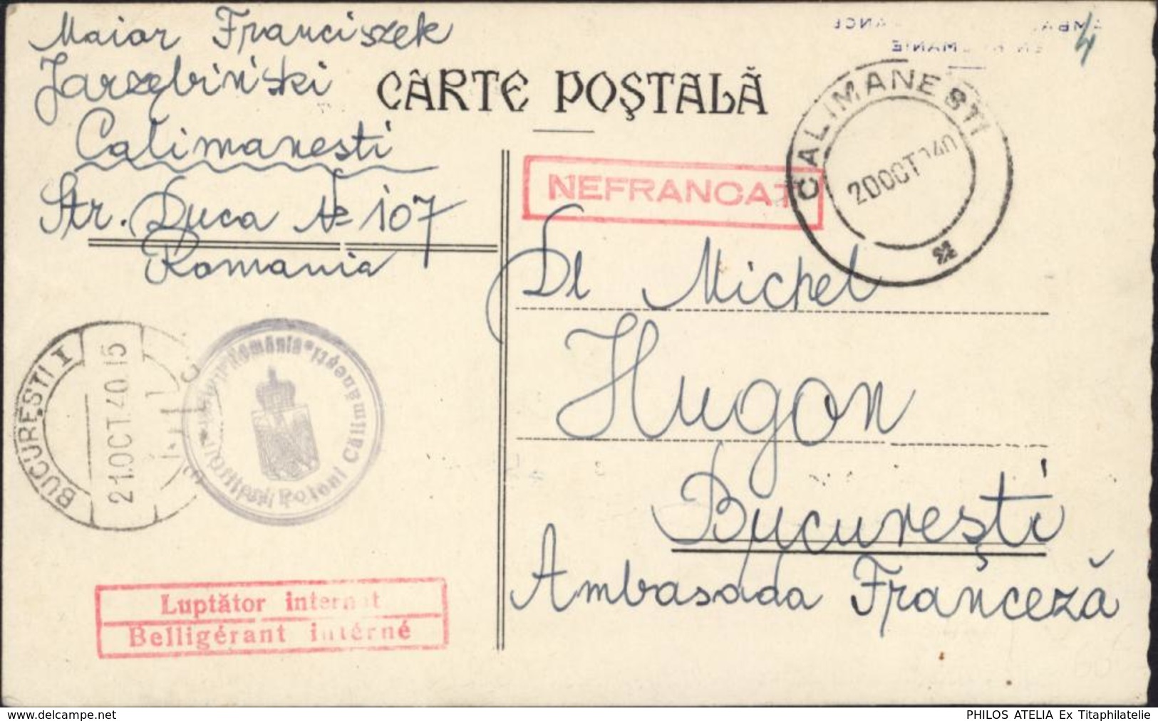 Polonais Interné Camp Roumanie Cachet Belligérant Interné + Nefrancat + Cachet Camp CAD Calimanesti 20 Oc 40 World War 2 - Gefängnislager