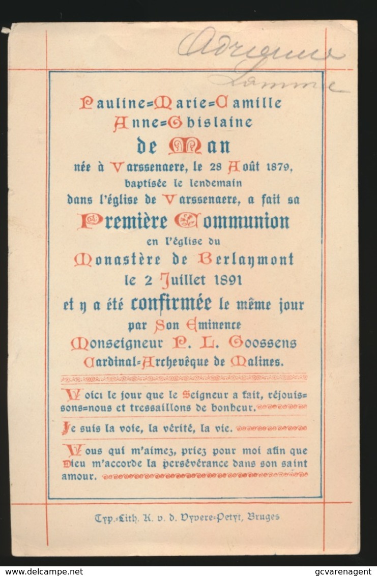 HEILIG PRENTJE - IMAGE PIEUSE - 12 X 7.5 CM --  ADEL NOBLESSE - 1891  ANNE DE MAN - PREMIERE COMMUNION 2 SCANS - Images Religieuses