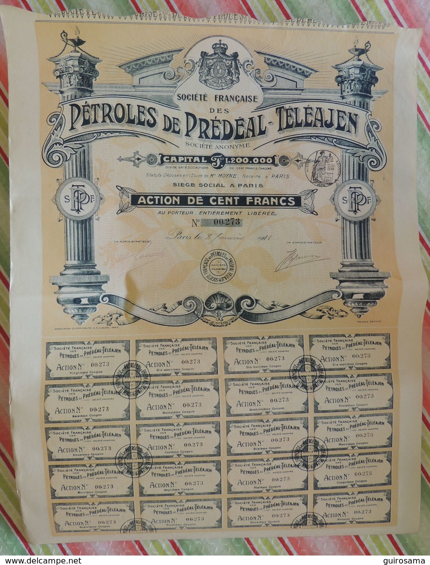 Société Française Des Pétroles De Prédéal-Téléajen (Roumanie) - Action De 100 Francs 1901/1911 (273) - Pétrole