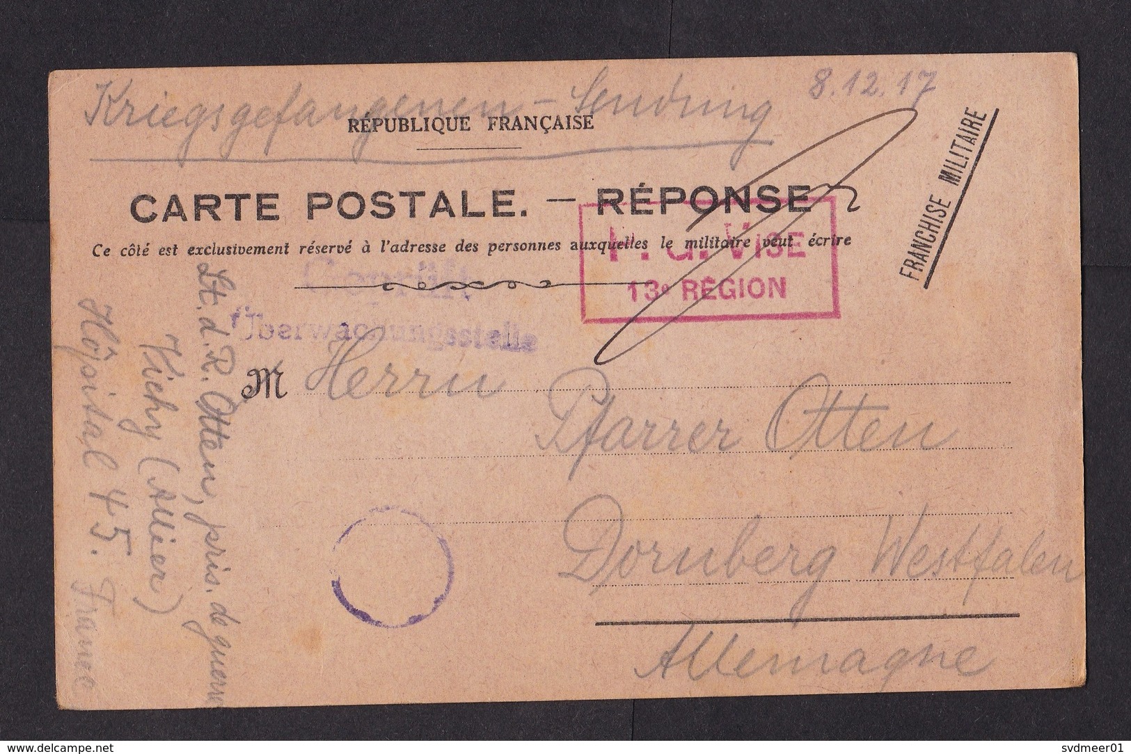 France: POW Prisoner Of War Postcard To Germany, 1917, Censored, Censor, Military Hospital Vichy, WW1 (traces Of Use) - Brieven En Documenten