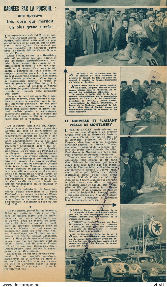 1955 : Document, 24 Heures De Paris, Linas-Montlhéry, Victoire De Veuillet-Gonzague Sur Porsche (2 Scans) - Non Classés