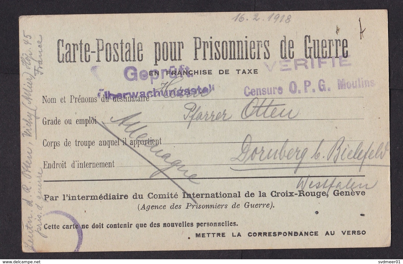 France: POW Prisoner Of War Postcard To Germany, 1918, 2x Censored, Censor, Military Hospital Vichy, WW1 (traces Of Use) - Brieven En Documenten